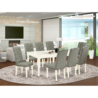 9 Piece Dining Table Set Includes a Rectangle Kitchen Table with Butterfly Leaf and 8 Gray Linen Fabric Parson Dining Chairs, Linen White