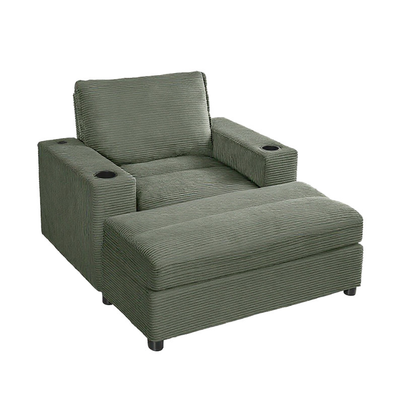 42.8" Oversized Chaise Lounge Chair With Storage Ottoman, Corduroy Sofa Bed With Cup Holders & USB Charging Port,, Green