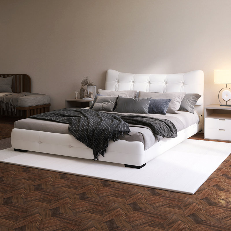 Grand lit tapissier moderne en polyuréthane avec tête de lit ergonomique à oreilles, Crème