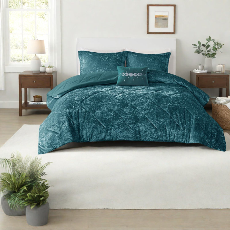 Ensemble de literie en velours luxueux sarcelle, édredon hypoallergénique avec coussin décoratif