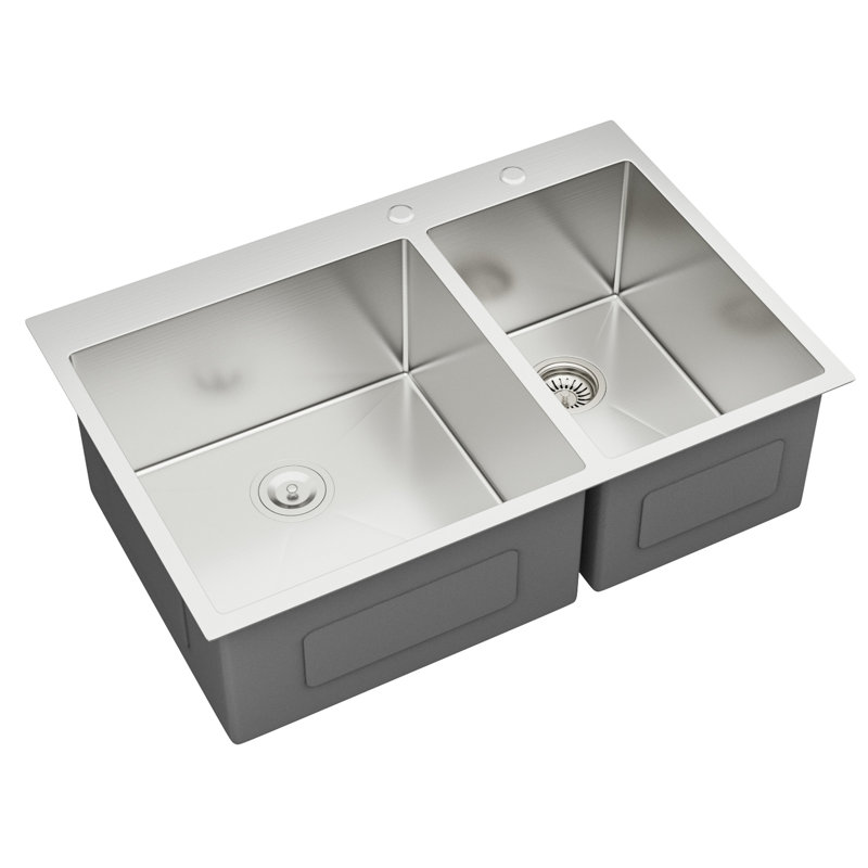 Évier de cuisine à double cuve en acier inoxydable de calibre 16 T304 de 33 po x 22 po x 10 po à double cuve 60/40, conception à tablier avant, écoulement d'eau en forme de X pour un drain en douceur, coin arrondi R10 plus d'espace, revêtement et rembourrage,