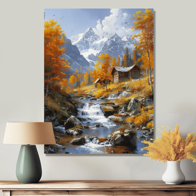 «Yellow Gray Autumn Lake Mountains View - Lake House», reproduction d'art murale