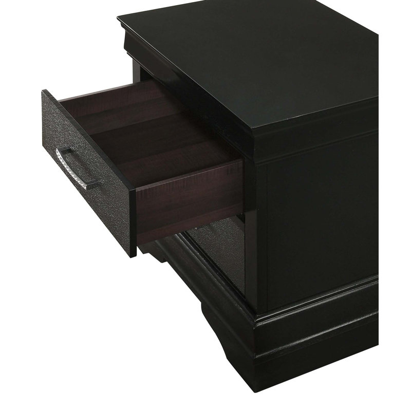 1 table de chevet à deux tiroirs de style glamour moderne avec finition noire et bois capitonné