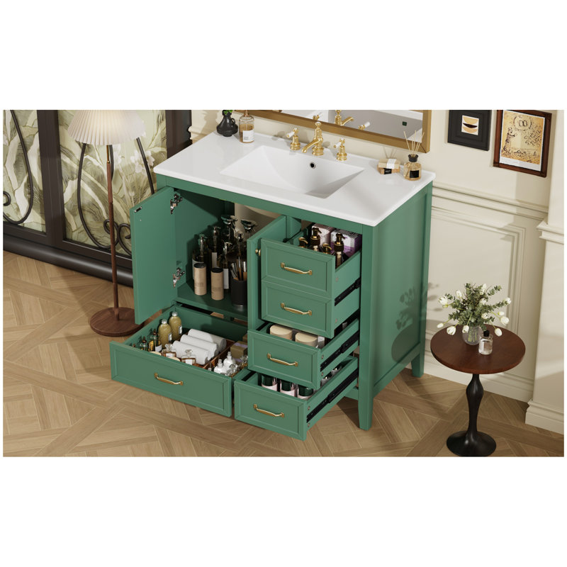 36" Bathroom Vanity with Sink, Bathroom Cabinet with Soft-Closing Door, 4 Drawers of Different Sizes, Solid Wood Frame and Leg, One Package, Green