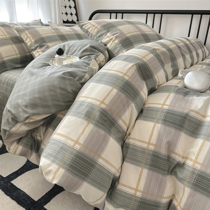 Modern Design 100% Cotton Duvet Cover Set, Green Plaid, Queen Duvet Cover + 2 Standard Pillowcases