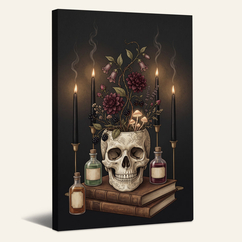 Vase en forme de crâne orné avec fleurs et bougies sur toile d'Halloween, H 48 po x l 36 po