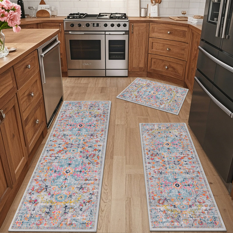 Machine Washable Non-Slip Kitchen Mat, Gray/Orange/Blue