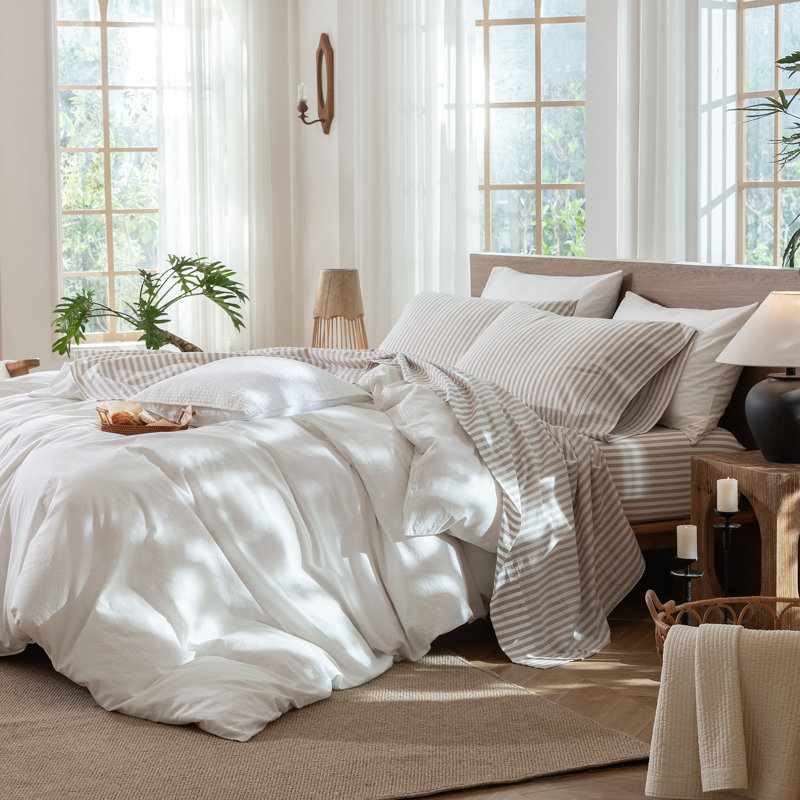 Ensemble de draps 100% coton lavé MooMee, Ensemble de draps pour grand lit avec 2 taies d'or