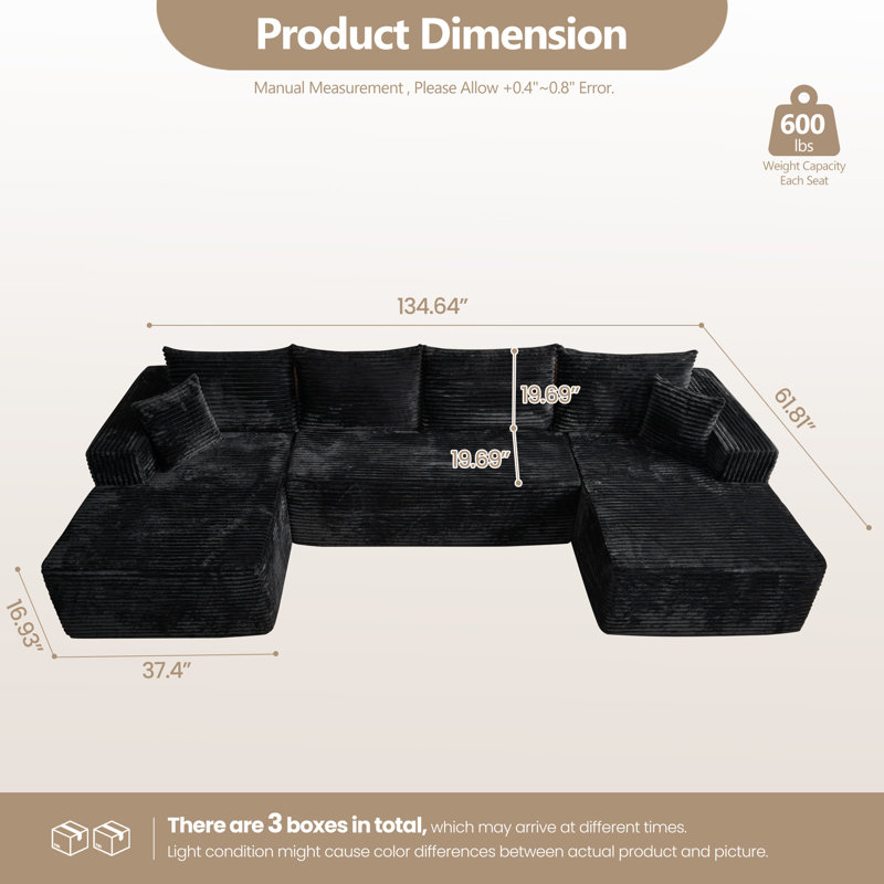 134.7" Oversized 4-Seat U-Shape Modular Corduroy Sectional Sofa, Black Corduroy 
