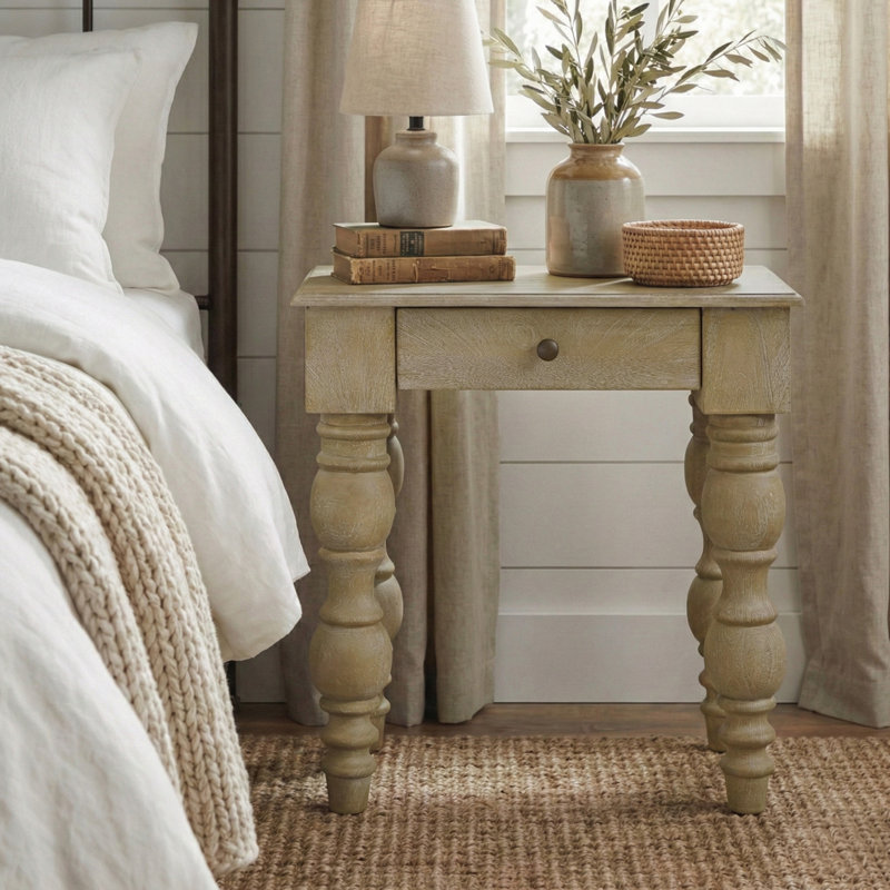 Braydan Solid Wood End Table with Hand-Turned Legs – Rustic Natural, Rustic Natural