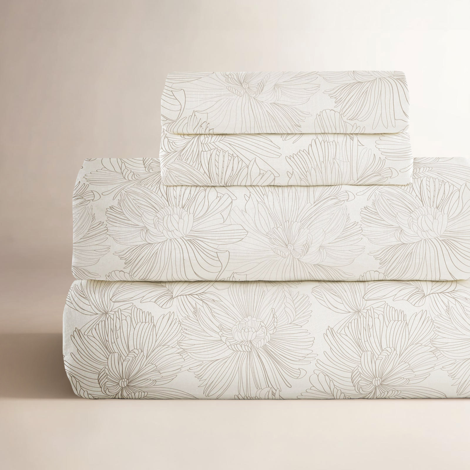 100% French Linen Sheet Set, Twin Sheet Set with 1 Pillowcase, Cream/Putty Floral