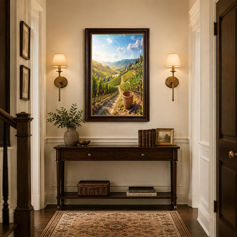 «Rolling Vineyard Hills with Wicker Basket», art mural sur toile, H 12 po x l 18 po