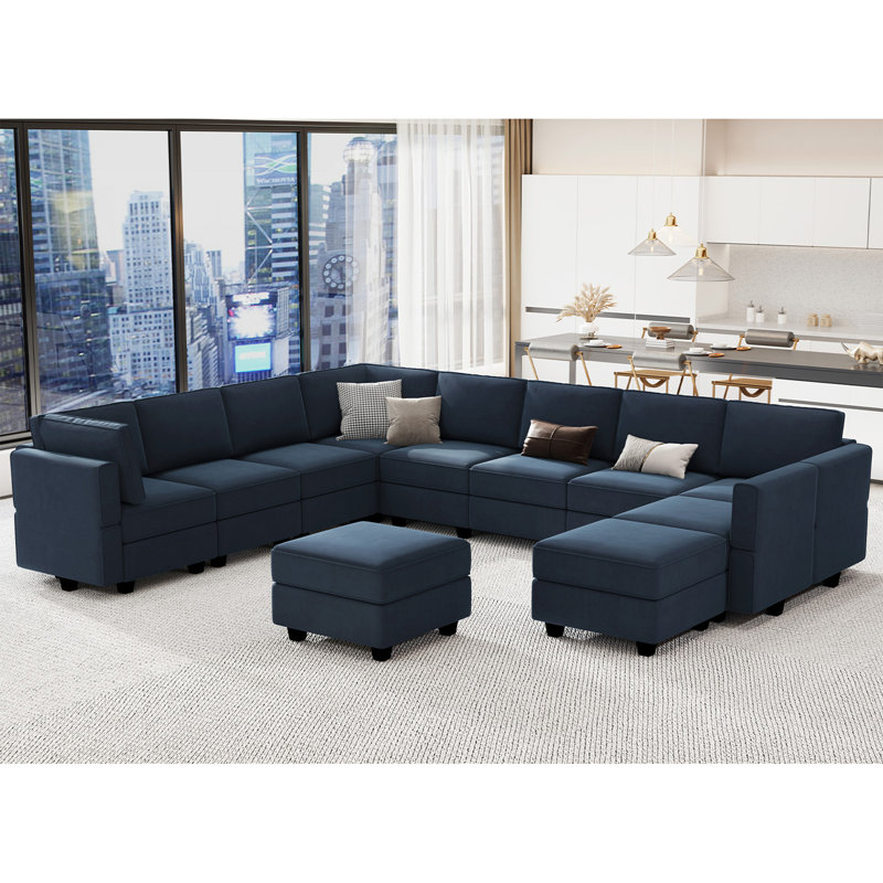 Wylodene 143" W Velvet Modular Sectional Sofa, Navy Blue Velvet