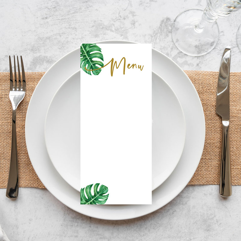 Feuilles de menu de feuilles de mariage tropicales imprimables pour imprimantes de bricolage, paquet de 52