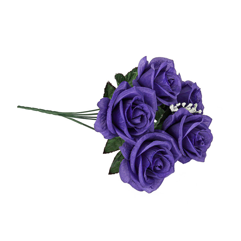 Artificial Open Rose Flower Bush, Dark Purple