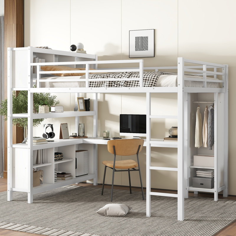 Queen Size Metal Loft Bed with Wardrobe, L-Shaped Desk, Storage Shelves & Cubes, Heavy Duty Loft Bed for Kids Teens Adults, White