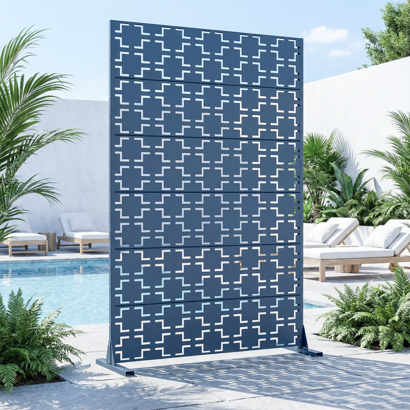 Panneau de clôture d'intimité en métal avec motif élégant, Bleu, H 59 po x l 30 po x P 16 po