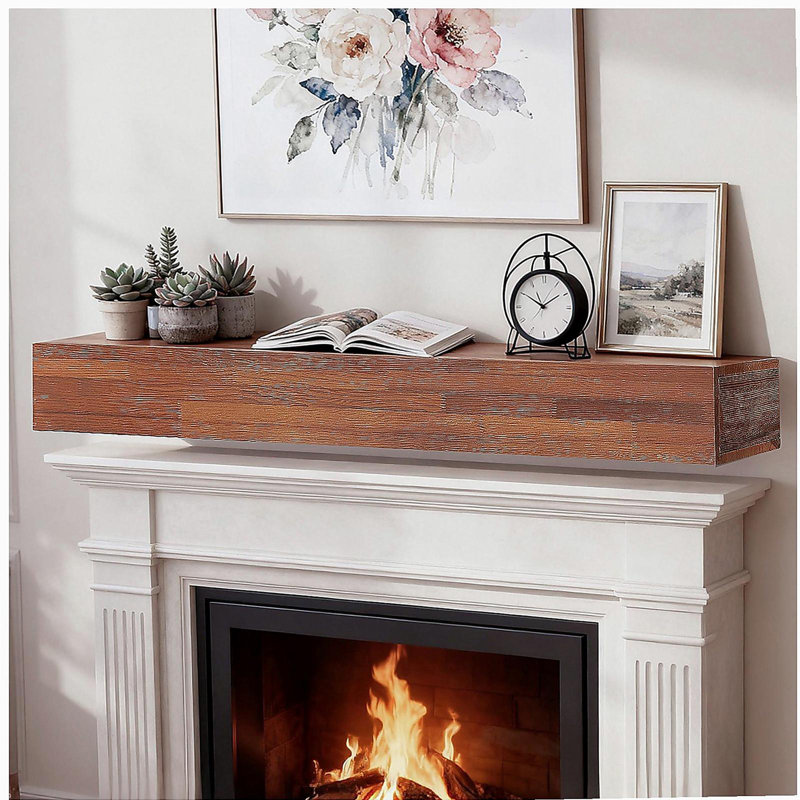 Manteau de cheminée rustique en bois de 60 po, à  fixation murale et étagère flottante pour la décoration intérieure