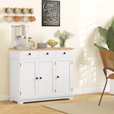 Sideboard with Solid Wood Countertop, Modern Kitchen Storage Cabinet, Coffee Bar Cabinet with 3 Drawers, Doors and Adjustable Shelf