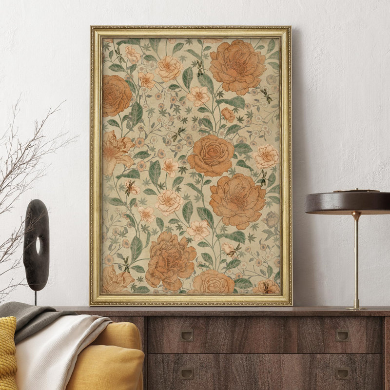"Motif floral vintage avec des tons de terre doux, impressionisme encadré or", Pas de tapis