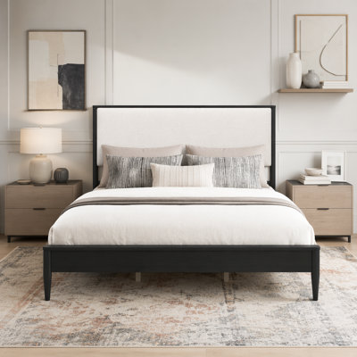 Modern Style Platform Bed with Tapered Legs, Solid Wood Bed Frame, Bed with Boucle Upholstered Headboard, Durable Wood Slat Support, No Box Spring Needed