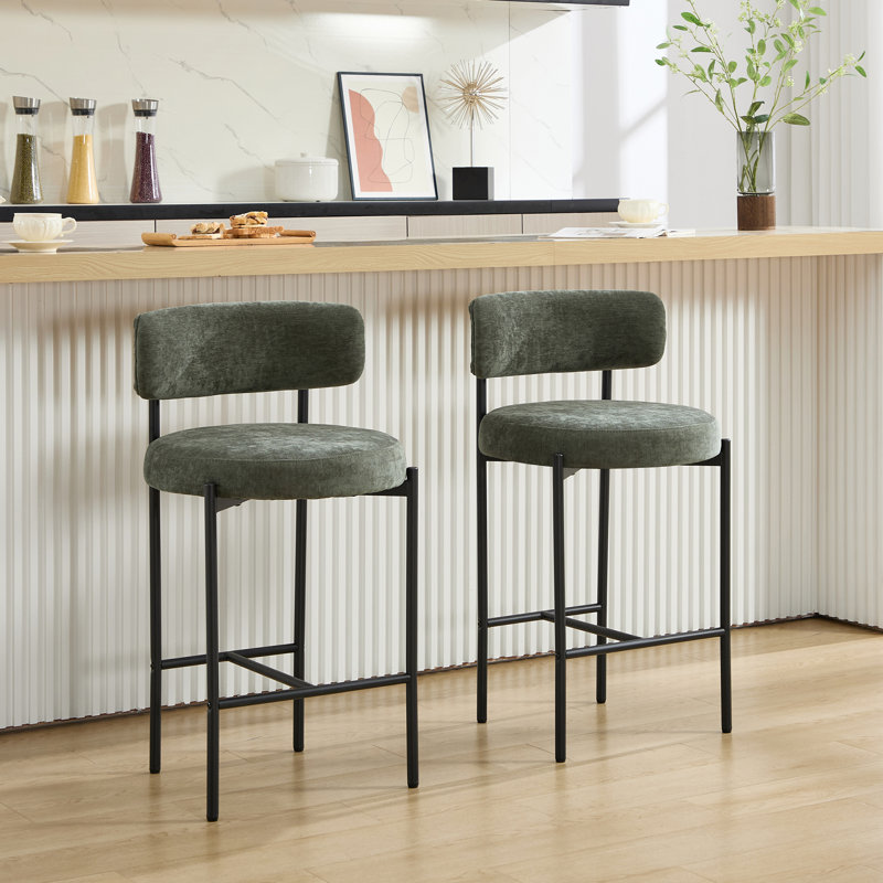 Tabourets de bar modernes 26,8 po à dossier arrondi et chaises de bar en chenille, Vert mousse