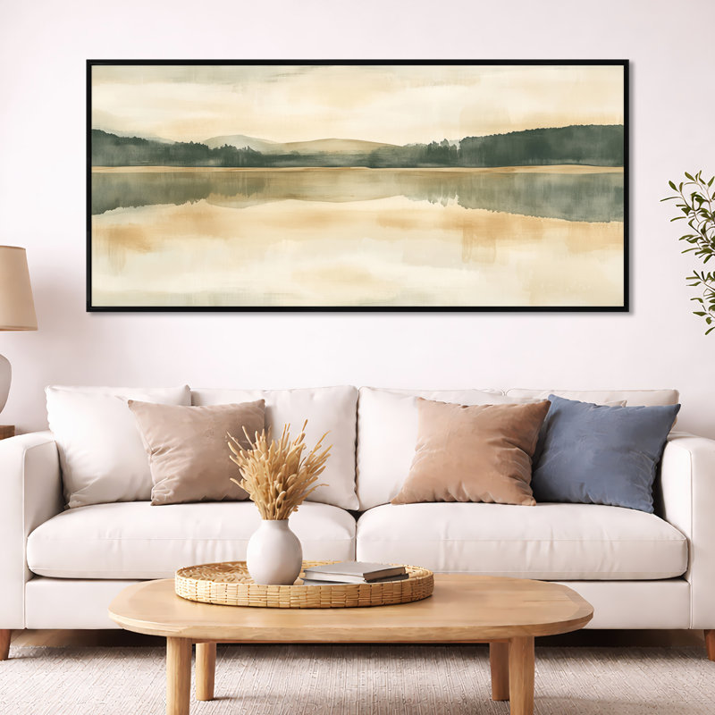 «Olive Shore Lake I», art mural sur toile vert, H 28 po x l 60 po, Cadre flottant noir