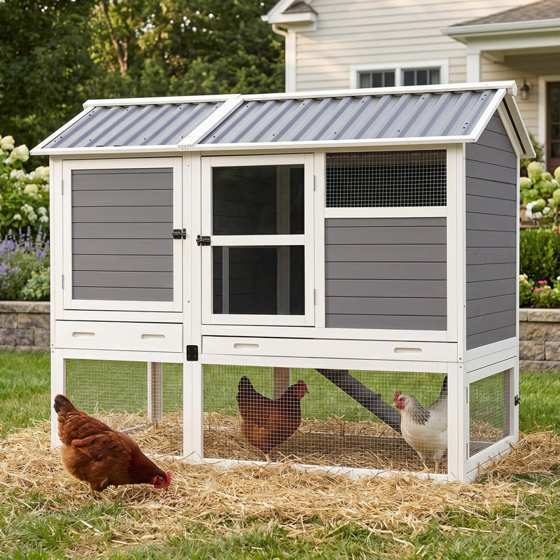 68" Large Wooden Chicken Coop With Run For 6-8 Hens, 4 Nesting Boxes