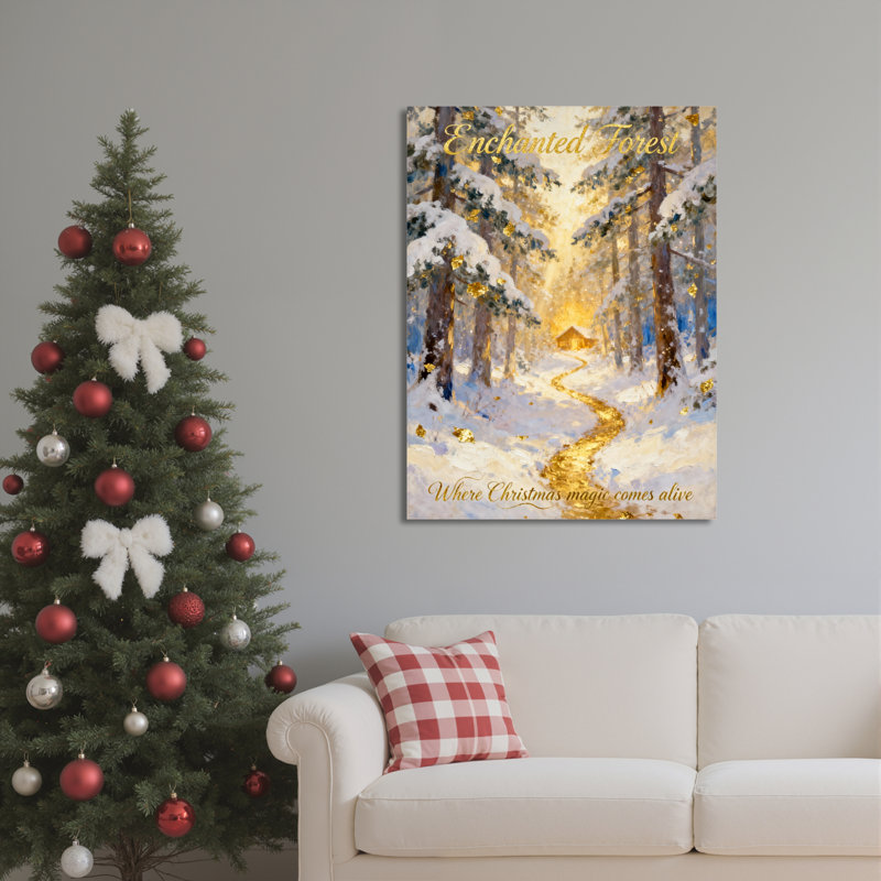 Tableau sur toile tendue « Forêt enchantée : magie de Noël », avec chemin doré et arbres enneigés, pour une décoration intérieure festive (1 pièce)