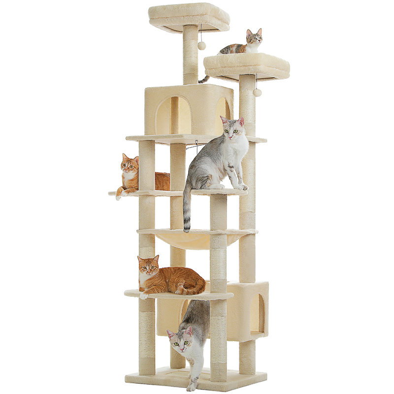 Arbre à chat robuste pour grands chats, tour de chat haute de 81 pouces avec 2 perchoirs, 2 condos et hamac spacieux, très grand XL avec 7 poteaux à griffer pour chats adultes de 20 lb et plus