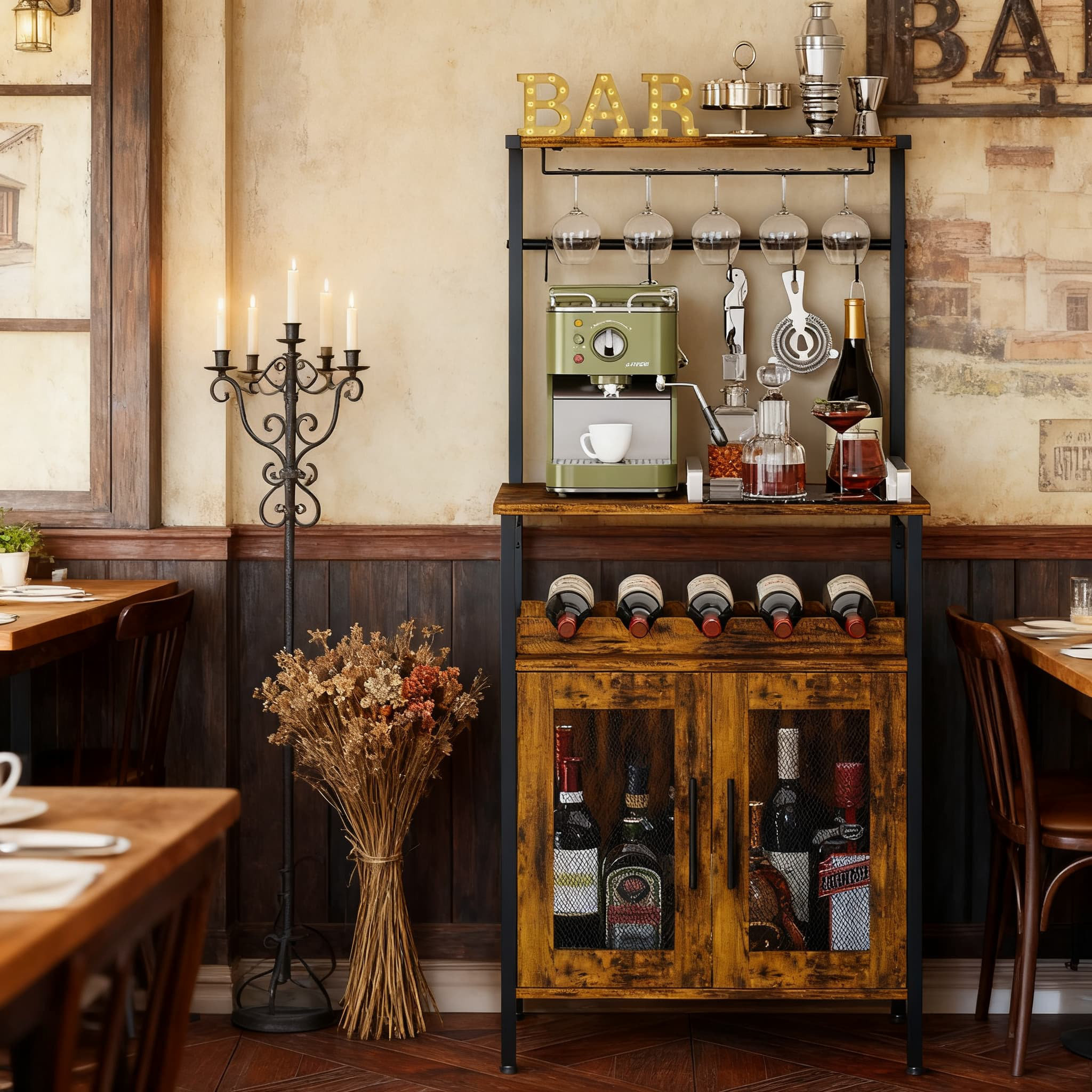 Prep & Savour Industrial Bar Cabinet With Wine Rack And Glass Holder, 3 ...