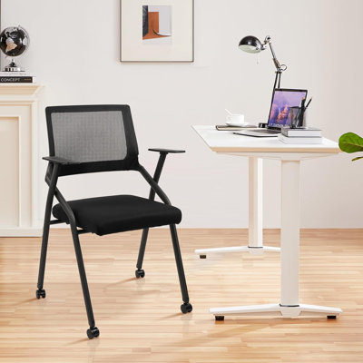 CLATINA Ergonomic Stackable & Foldable Conference Room Chairs, Mesh Office Chair with Arms and Wheels for Office Waiting Room Meeting Black Lobby Church School Receptions Black