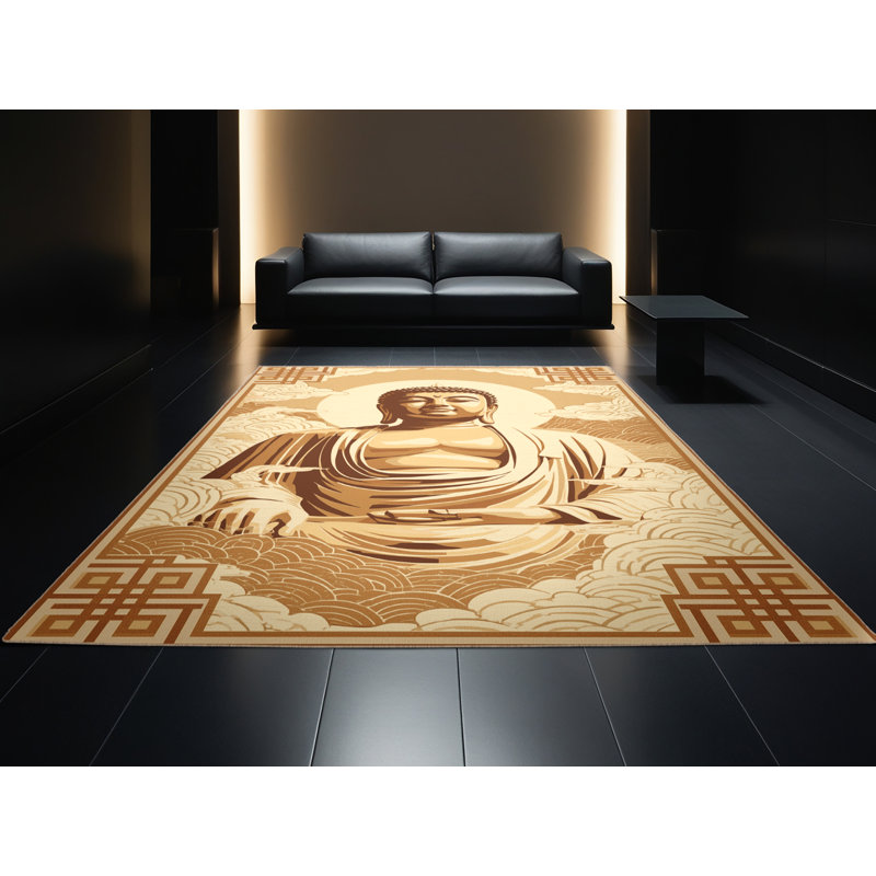 Tapis oriental brun doux et moelleux à motif de grands bouddhas Nara, 2 x 5