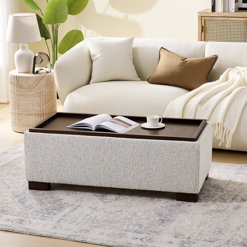 Repose-pieds 44 po avec rangement en bois et plateau rectangulaire, Beige