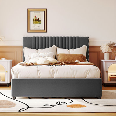 Lit plateforme double tapissier pleine grandeur avec 2 tiroirs et 1 lit gigogne simple, tête de lit classique, gris