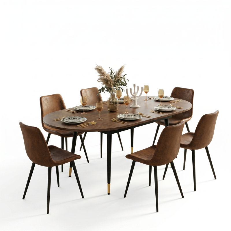 Modern Mid-Century 7-Piece Dining Set, 79" Oval Extendable With Upholstered Dining Chairs , Brown