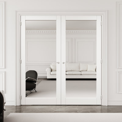 Porte française de 48 po x 80 po à 1 vitre avec quincaillerie noire et poignée à boule, miroir latéral, peint et imperméable, combinaison pour la lessive, portes de placard, portes de pièce, assemblage requis