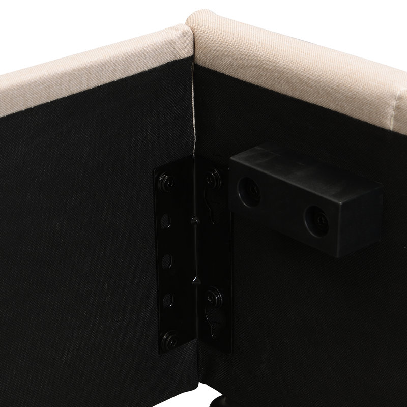 Lit plateforme tapissier avec système de rangement hydraulique, Beige, Grand lit