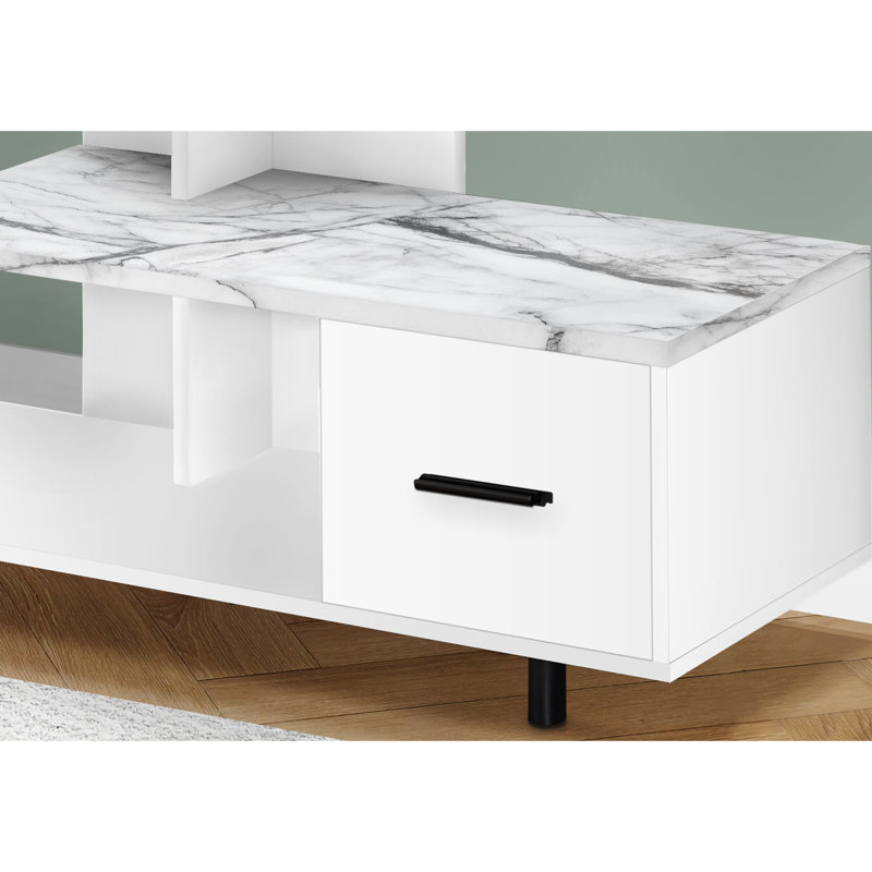 48 Inch Tv Console, White Marble Look Surface Pattern And Storage Functionality For Bedroom & Living Room Contemporary Stand, Texture Design Facility
