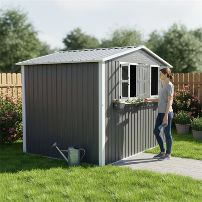 9x6 FT Outdoor Metal Storage Shed with Window & Flower Rack