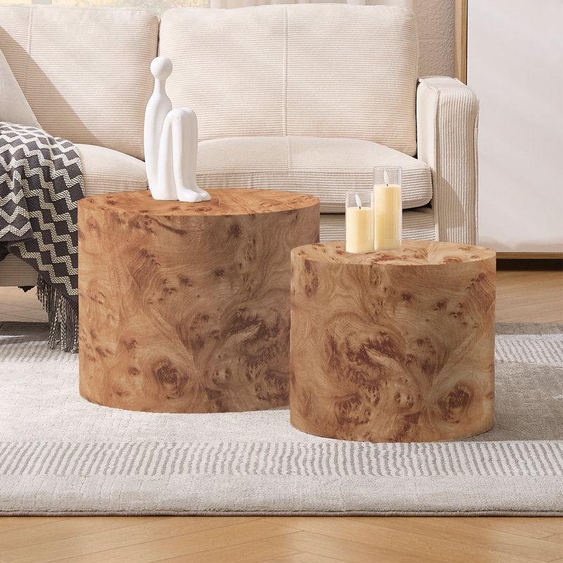 Round Nesting Drum Coffee Table For Living Room, Bedroom Without Assembling, Yellow Wood