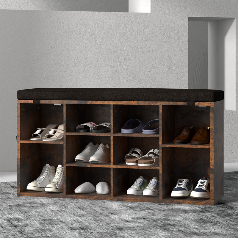 Shoe Storage Bench with Cushion, Shoe Rack with 3-Tier Adjustable Shelf for Entryway, Living Room, Brown, Black
