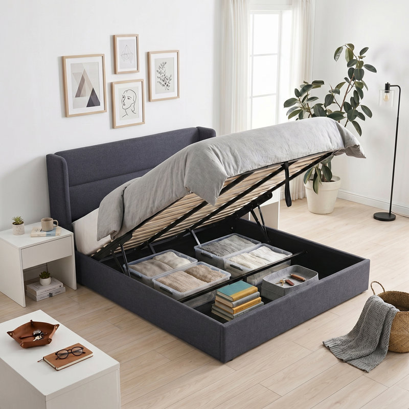 Lit plateforme tapissier avec rangement Gaillarde, Gris foncé, Très grand
