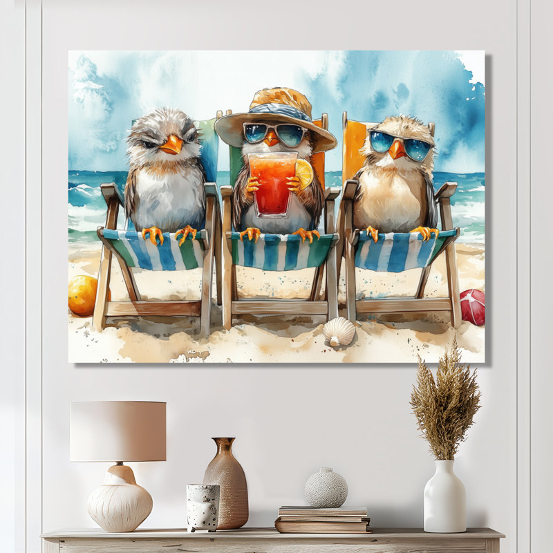 Canari sur la plage, chaise longue - Reproduction d'art mural animal côtier, Toile tendue, H 12 po x l 20 po x P 1 po
