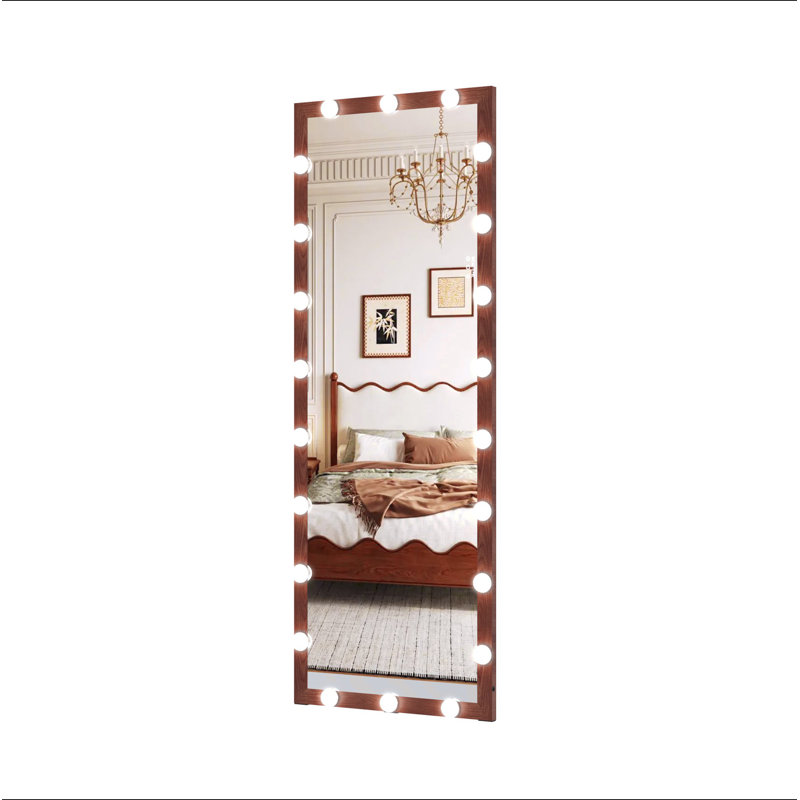 Hollywood Full Length Mirror With Lights Full Body Vanity Mirror With 3 Color Modes Wall Lighted  Standing Floor Mirror For Dressing Room Bedroom Hotel Touch Control Walnut 62.6"X23.3"
