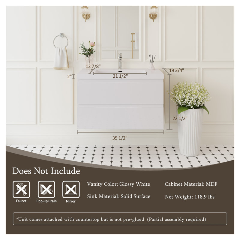 Meuble-lavabo suspendu de 91 cm (36 po) avec comptoir en surface solide, armoire murale moderne avec tiroirs à fermeture amortie, blanc brillant