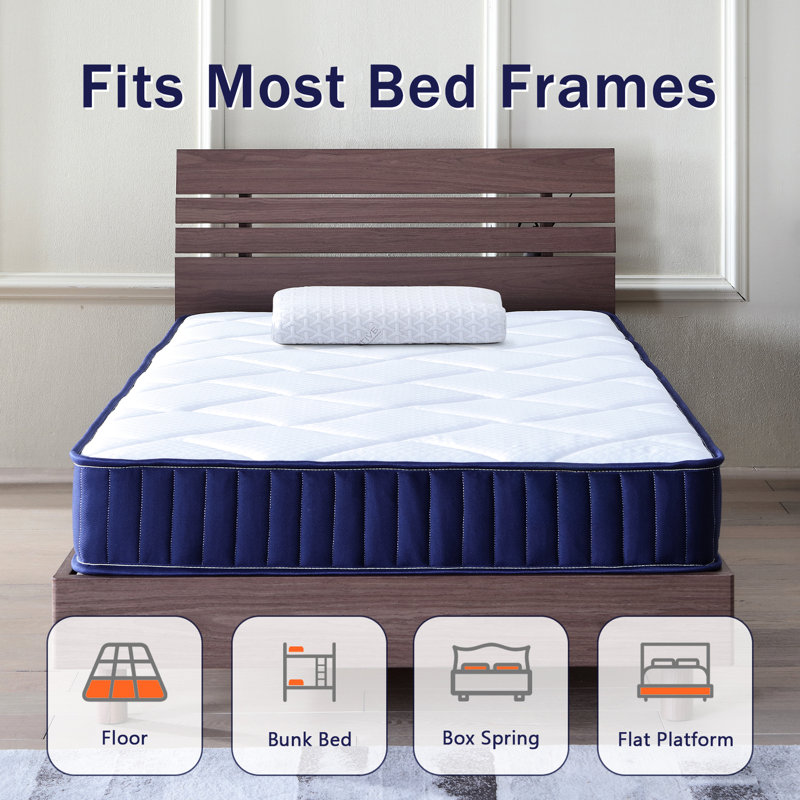 Matelas simple de 6 pouces dans une boîte, + support en mousse à mémoire de forme, fermeté moyenne, blanc, bleu et blanc, taille en relief, matelas, fibre de verre, cadres de lit