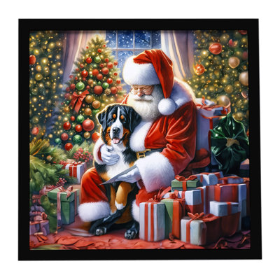 Grand chien de montagne suisse et père Noël, reproduction d'art encadrée