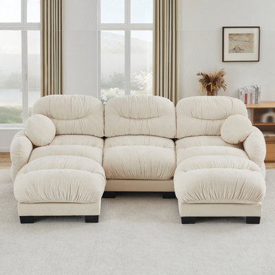 Canapé modulaire confortable en tissu de chenille plissé 3 places avec siège ergonomique en mousse haute densité, canapé modulaire en forme de U avec 2 repose-pieds, accoudoirs arrondis arrondis et 2 coussins décoratifs ronds, beige