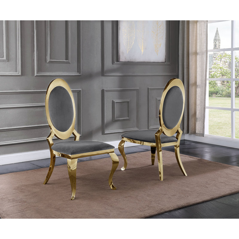 Amity Upholstered King Louis Back Side Chair with Stainless Steel Frame, Dark Gray, Gold